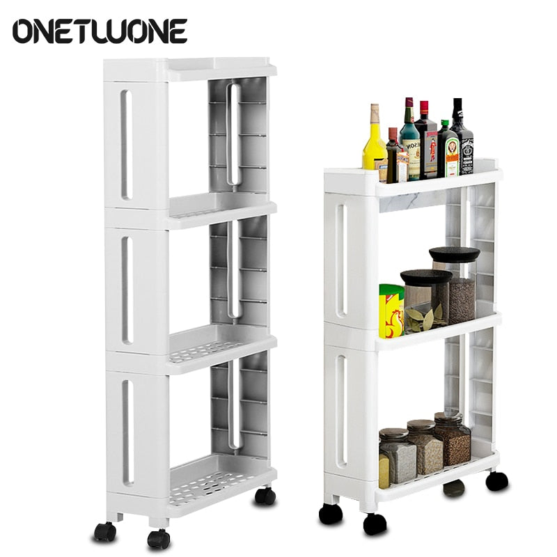 1pc Kitchen/bathroom/gap/any Room Storage Rack With Three/four Layers.  Rigorous, Durable And Beautiful. Easy Installation And Demountable. The  Wheels Have Buckles To Keep It Even With Heavy Objects. Ideal For Narrow  Spaces And